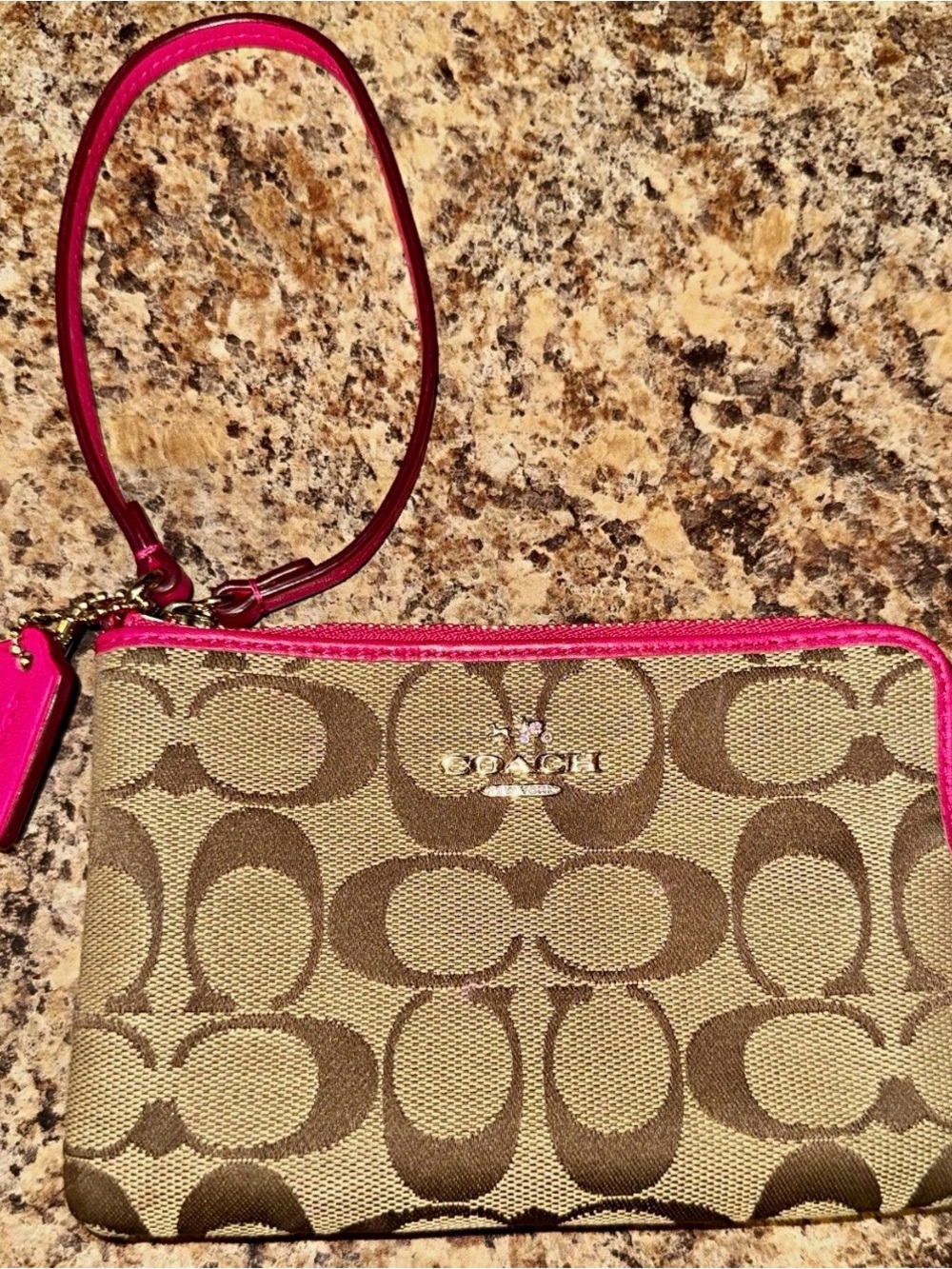 Coach Brown Signature Canvas Wristlet with Pink Trim